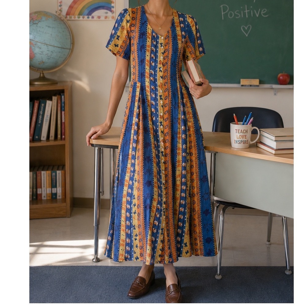 Vintage 90s Grunge Boho Butterfly Stripe Teacher Midi Dress Tie Back S